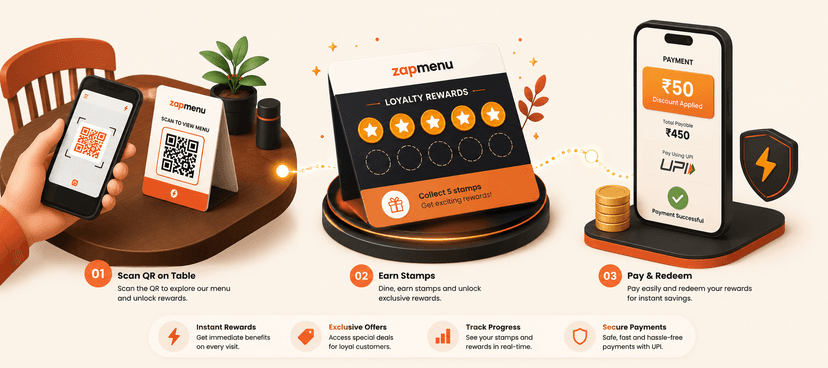 ZapMenu Rewards flow — scan sticker, earn ₹50 welcome credit and stamps, pay via UPI