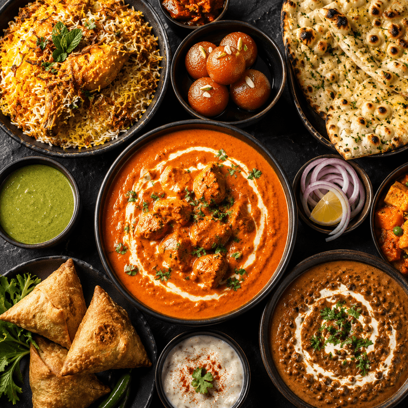 A dark slate table filled edge to edge with Indian dishes including butter chicken, biryani, naan, gulab jamun, samosas, and dal.