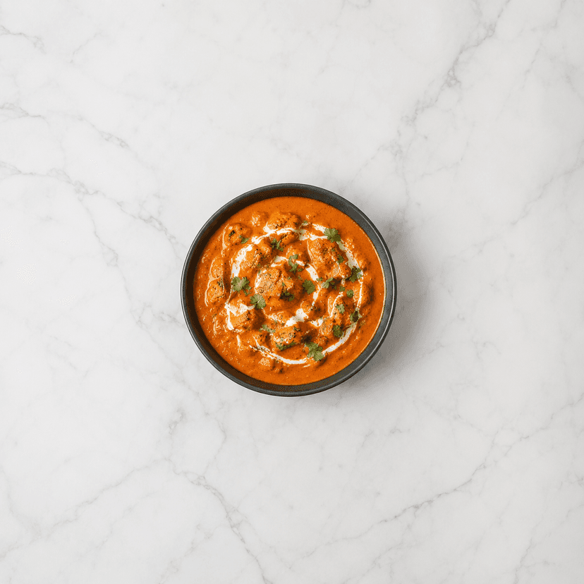 Butter chicken placed small in the middle of a large marble table with lots of empty space.
