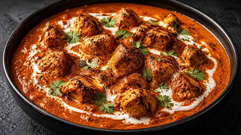 Butter chicken photographed close-up with the dish filling the frame.