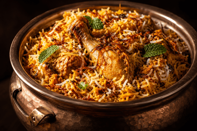Chicken biryani lit from the side with vivid color and visible texture.