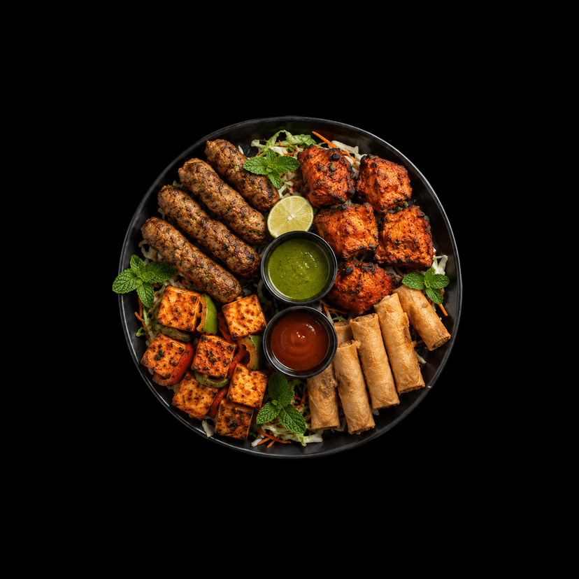 Indian starters platter centered on a pure black background with empty black space around it.