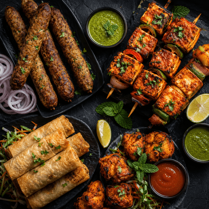 Indian dishes arranged tightly on a dark textured surface with the frame filled by food.