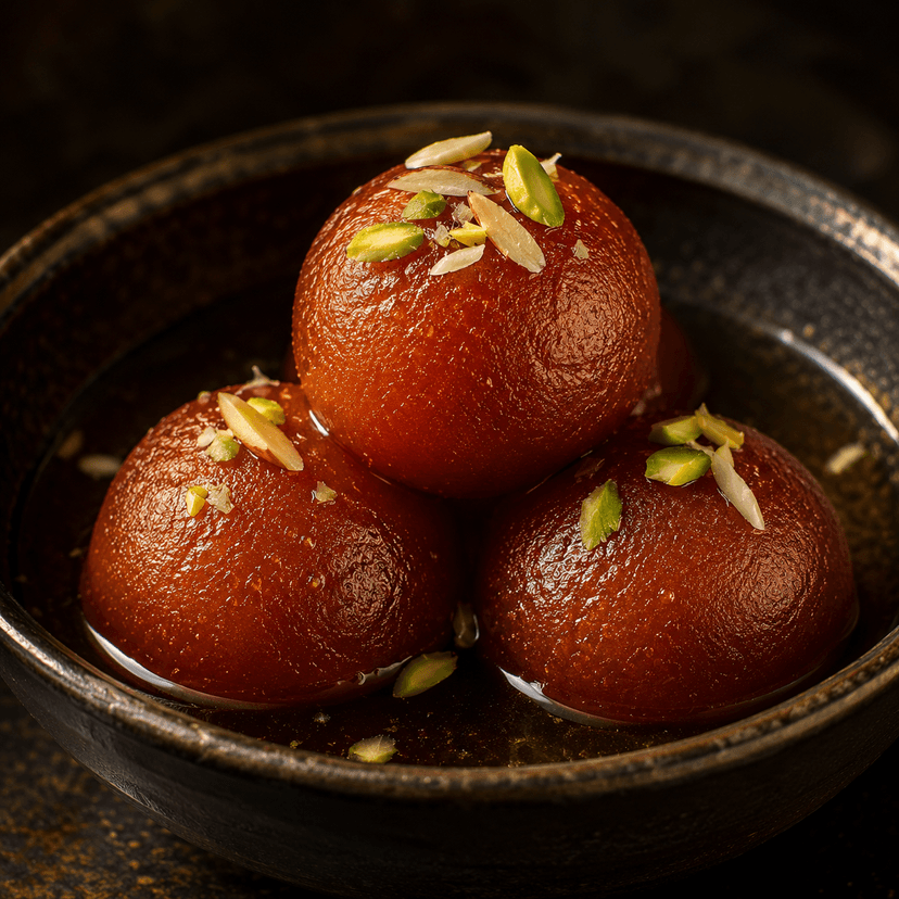 A sharp close-up of gulab jamun in syrup with crisp texture and garnish detail.
