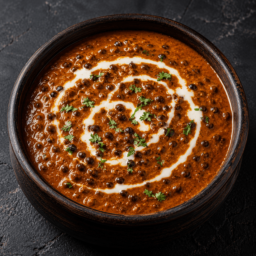 Dal makhani in a dark bowl with the dish as the only subject in frame.
