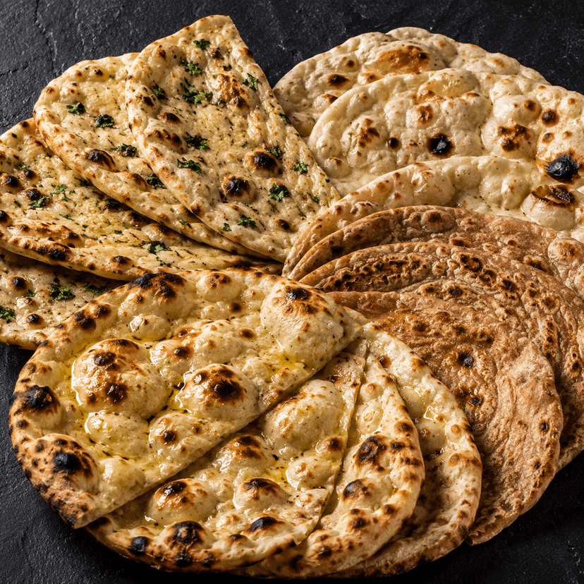 Indian breads photographed from a slightly overhead angle with the frame filled by food.